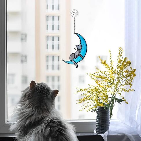 EPONOLOGY Cat on Moon Cat Gifts for Cat Lovers,Sleeping Cat Stained Glass Suncatcher for Window Gifts,Grey Cat Stained Glass Window Hangings,Funny Cat Themed Gifts for Women,Mom,Girls in Saudi Arabia