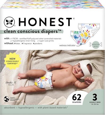 شركة صادقة حفاضات نظيفة واعية | نباتي ومستدام | مطبوعات طبعة محدودة | صندوق النادي، مقاس 3 (16-28 رطلاً)، 62 قطعة in Kuwait