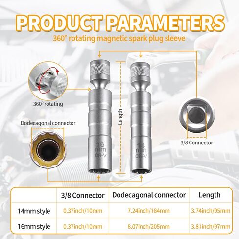 4uni 14mm&16mm Magnetic Spark Plug Socket Set, CRV Steel, 1mm Thin Wall, 360-Degrees Swivel, 3/8 Inch-Drive, 12-Point Spark Plug Socket Removal Tool, Compatible with Cars Motorcycles SUVs Trucks in Kuwait