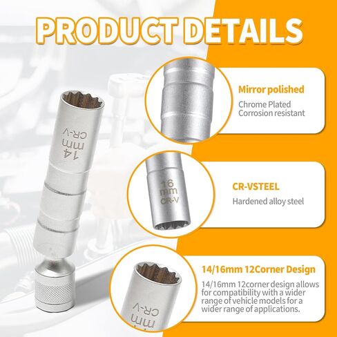 4uni 14mm&16mm Magnetic Spark Plug Socket Set, CRV Steel, 1mm Thin Wall, 360-Degrees Swivel, 3/8 Inch-Drive, 12-Point Spark Plug Socket Removal Tool, Compatible with Cars Motorcycles SUVs Trucks in Kuwait