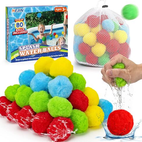 HEJIN 80 PCS Reusable Water Balls, Water Soaker Ball with Drying Bag, Cotton Water Balls for Kids Teens Boys and Girls, Water Balls, Water Summer Toys for Outdoor Play Pool Party Backyard in Kuwait