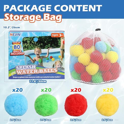HEJIN 80 PCS Reusable Water Balls, Water Soaker Ball with Drying Bag, Cotton Water Balls for Kids Teens Boys and Girls, Water Balls, Water Summer Toys for Outdoor Play Pool Party Backyard in Kuwait