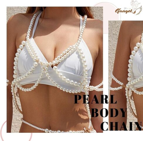 Gangel لؤلؤة الجسم سلسلة اللؤلؤ الأبيض سلاسل الجسم مثير الصدرية الأعلى سلسلة الرسن الكتف سلسلة الطبقات الجسم سلسلة بيكيني الهذيان مجوهرات الجسم للنساء والفتيات in Kuwait