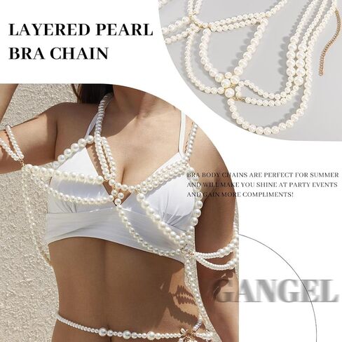 Gangel لؤلؤة الجسم سلسلة اللؤلؤ الأبيض سلاسل الجسم مثير الصدرية الأعلى سلسلة الرسن الكتف سلسلة الطبقات الجسم سلسلة بيكيني الهذيان مجوهرات الجسم للنساء والفتيات in Kuwait
