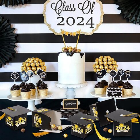 Kockuu 36 قطعة صندوق حلوى التخرج من الذهب الأسود مع شرابة لفئة 2024 كلية المدرسة الثانوية تهانينا التخرج in Kuwait