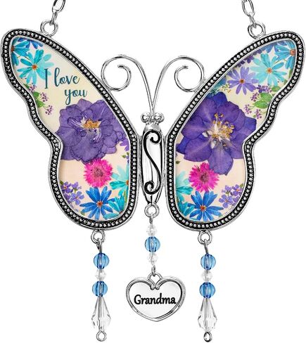 Butterfly Suncatcher with Pressed Dried Flower Wings,Butterfly Glass Wind Chime Ornament Charm with Metal,Gifts for Grandma Mom Mother's Day Birthday (Grandma) in Saudi Arabia
