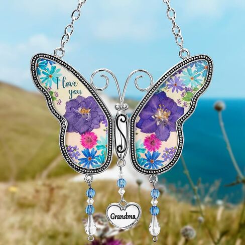 Butterfly Suncatcher with Pressed Dried Flower Wings,Butterfly Glass Wind Chime Ornament Charm with Metal,Gifts for Grandma Mom Mother's Day Birthday (Grandma) in Saudi Arabia