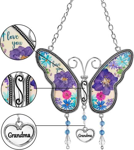 Butterfly Suncatcher with Pressed Dried Flower Wings,Butterfly Glass Wind Chime Ornament Charm with Metal,Gifts for Grandma Mom Mother's Day Birthday (Grandma) in Saudi Arabia