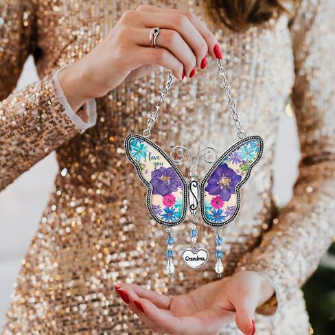 Butterfly Suncatcher with Pressed Dried Flower Wings,Butterfly Glass Wind Chime Ornament Charm with Metal,Gifts for Grandma Mom Mother's Day Birthday (Grandma) in Saudi Arabia