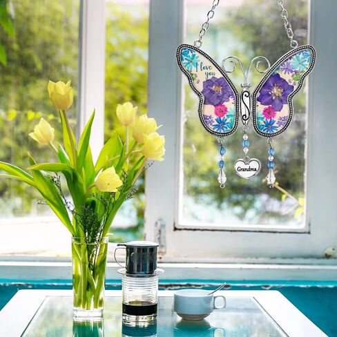 Butterfly Suncatcher with Pressed Dried Flower Wings,Butterfly Glass Wind Chime Ornament Charm with Metal,Gifts for Grandma Mom Mother's Day Birthday (Grandma) in Saudi Arabia