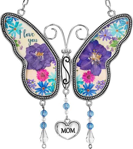 فراشة Suncatcher مع أجنحة زهرة مجففة مضغوطة، حلية زينة على شكل ريح زجاجية على شكل فراشة مع معدن، هدايا لعيد ميلاد الجدة والأم (الجدة) in Kuwait