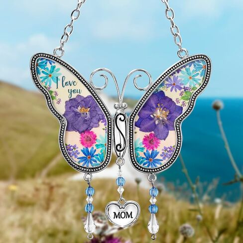 فراشة Suncatcher مع أجنحة زهرة مجففة مضغوطة، حلية زينة على شكل ريح زجاجية على شكل فراشة مع معدن، هدايا لعيد ميلاد الجدة والأم (الجدة) in Kuwait