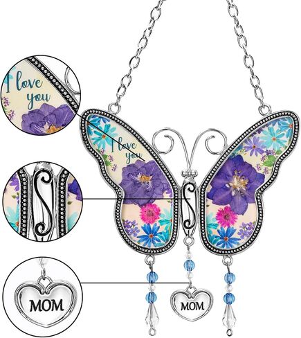 فراشة Suncatcher مع أجنحة زهرة مجففة مضغوطة، حلية زينة على شكل ريح زجاجية على شكل فراشة مع معدن، هدايا لعيد ميلاد الجدة والأم (الجدة) in Kuwait