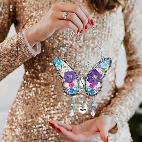 فراشة Suncatcher مع أجنحة زهرة مجففة مضغوطة، حلية زينة على شكل ريح زجاجية على شكل فراشة مع معدن، هدايا لعيد ميلاد الجدة والأم (الجدة) in Kuwait