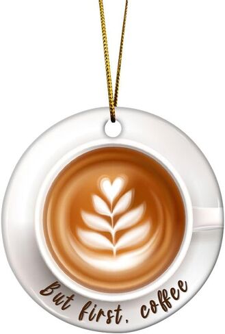 Artsy Woodsy Coffee Cup شجرة عيد الميلاد 2D مسطحة (ليست زخرفة ثلاثية الأبعاد) زخارف سيراميك 2023، ولكن أول زينة معلقة للقهوة للعطلات، عشاق القهوة الساحرة، هدية تذكارية لباريستا in Kuwait