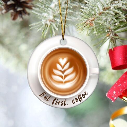 Artsy Woodsy Coffee Cup شجرة عيد الميلاد 2D مسطحة (ليست زخرفة ثلاثية الأبعاد) زخارف سيراميك 2023، ولكن أول زينة معلقة للقهوة للعطلات، عشاق القهوة الساحرة، هدية تذكارية لباريستا in Kuwait