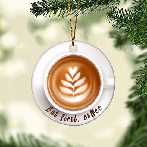Artsy Woodsy Coffee Cup شجرة عيد الميلاد 2D مسطحة (ليست زخرفة ثلاثية الأبعاد) زخارف سيراميك 2023، ولكن أول زينة معلقة للقهوة للعطلات، عشاق القهوة الساحرة، هدية تذكارية لباريستا in Kuwait