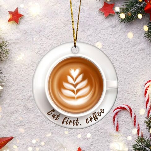 Artsy Woodsy Coffee Cup شجرة عيد الميلاد 2D مسطحة (ليست زخرفة ثلاثية الأبعاد) زخارف سيراميك 2023، ولكن أول زينة معلقة للقهوة للعطلات، عشاق القهوة الساحرة، هدية تذكارية لباريستا in Kuwait