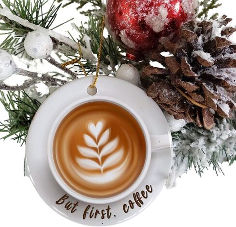 Artsy Woodsy Coffee Cup شجرة عيد الميلاد 2D مسطحة (ليست زخرفة ثلاثية الأبعاد) زخارف سيراميك 2023، ولكن أول زينة معلقة للقهوة للعطلات، عشاق القهوة الساحرة، هدية تذكارية لباريستا in Kuwait