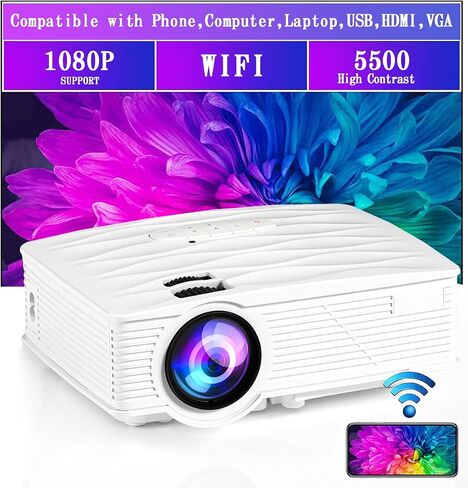 Laptop Computer Portable Projector WiFi Video Movie Outdoor Home Cinema HDMI Multimedia 5500Lux 1080P support Keystone Correction Compatible with TV, PC, HDMI, USB, VGA, iOS/Android in Saudi Arabia