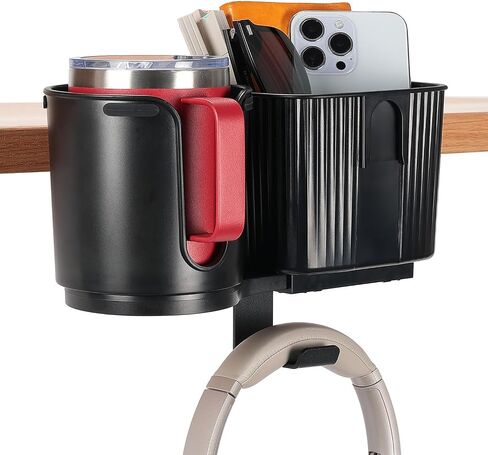 yamagahome Desk Cup Holder, 2 in 1 Table Cup Holder with Headphone Hanger, 360° Rotating Anti-Spill Tableside Cup Holder for Water Bottles, Wheelchairs, Workstations, Gaming Desk Accessories Black in Saudi Arabia