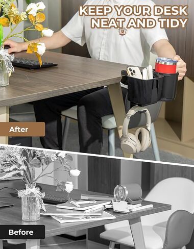 yamagahome Desk Cup Holder, 2 in 1 Table Cup Holder with Headphone Hanger, 360° Rotating Anti-Spill Tableside Cup Holder for Water Bottles, Wheelchairs, Workstations, Gaming Desk Accessories Black in Saudi Arabia