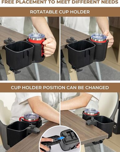 yamagahome Desk Cup Holder, 2 in 1 Table Cup Holder with Headphone Hanger, 360° Rotating Anti-Spill Tableside Cup Holder for Water Bottles, Wheelchairs, Workstations, Gaming Desk Accessories Black in Saudi Arabia
