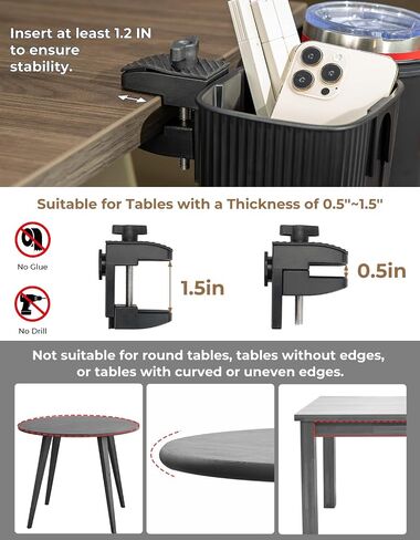yamagahome Desk Cup Holder, 2 in 1 Table Cup Holder with Headphone Hanger, 360° Rotating Anti-Spill Tableside Cup Holder for Water Bottles, Wheelchairs, Workstations, Gaming Desk Accessories Black in Saudi Arabia