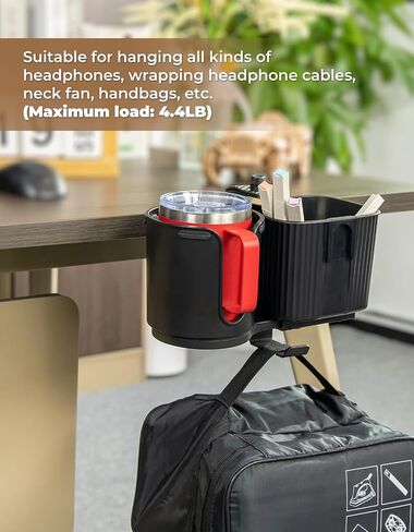 yamagahome Desk Cup Holder, 2 in 1 Table Cup Holder with Headphone Hanger, 360° Rotating Anti-Spill Tableside Cup Holder for Water Bottles, Wheelchairs, Workstations, Gaming Desk Accessories Black in Saudi Arabia