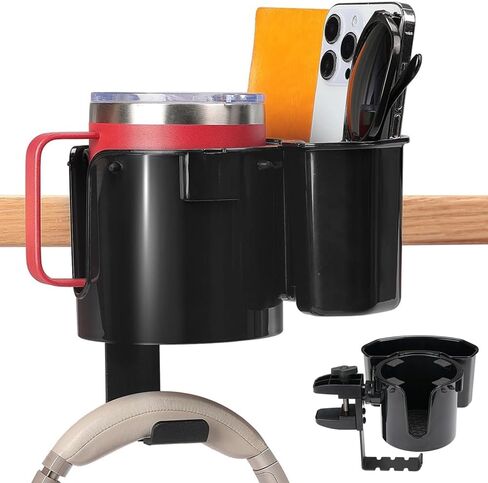 yamagahome Desk Cup Holder, 2 in 1 Table Cup Holder with Headphone Hanger, 360° Rotating Anti-Spill Tableside Cup Holder for Water Bottles, Wheelchairs, Workstations, Gaming Desk Accessories Black in Saudi Arabia