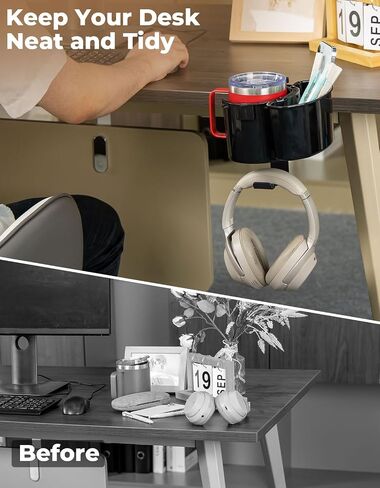 yamagahome Desk Cup Holder, 2 in 1 Table Cup Holder with Headphone Hanger, 360° Rotating Anti-Spill Tableside Cup Holder for Water Bottles, Wheelchairs, Workstations, Gaming Desk Accessories Black in Saudi Arabia