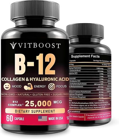 VITBOOST B12 مع حمض الهيالورونيك والكولاجين والفولات – 25000 ميكروجرام مكمل B12 ميثيل كوبالامين | تعظيم الامتصاص والطاقة | خالية من الغلوتين، مصنوعة في الولايات المتحدة الأمريكية، مركب B1، B2، B3، B6، B7 - 60 كبسولة in Kuwait
