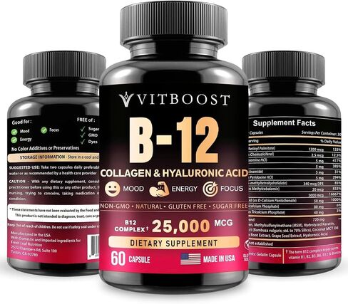 VITBOOST B12 مع حمض الهيالورونيك والكولاجين والفولات – 25000 ميكروجرام مكمل B12 ميثيل كوبالامين | تعظيم الامتصاص والطاقة | خالية من الغلوتين، مصنوعة في الولايات المتحدة الأمريكية، مركب B1، B2، B3، B6، B7 - 60 كبسولة in Kuwait