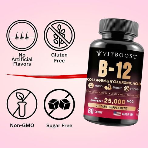 VITBOOST B12 مع حمض الهيالورونيك والكولاجين والفولات – 25000 ميكروجرام مكمل B12 ميثيل كوبالامين | تعظيم الامتصاص والطاقة | خالية من الغلوتين، مصنوعة في الولايات المتحدة الأمريكية، مركب B1، B2، B3، B6، B7 - 60 كبسولة in Kuwait