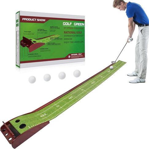 Sesslife Putting Mat for Indoor & Outdoor, Putting Green, 8 FT Golf Putting Mat with 2 Holes and 4 Balls, Auto Ball Return System, Wooden Base and Crystal Velvet Anti-Slip Mat, Gift for Golfers in Saudi Arabia