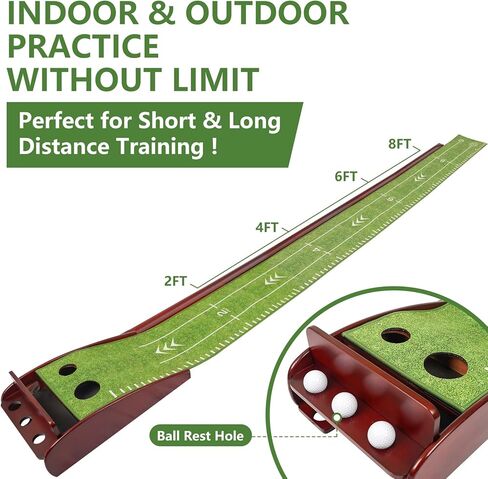 Sesslife Putting Mat for Indoor & Outdoor, Putting Green, 8 FT Golf Putting Mat with 2 Holes and 4 Balls, Auto Ball Return System, Wooden Base and Crystal Velvet Anti-Slip Mat, Gift for Golfers in Saudi Arabia