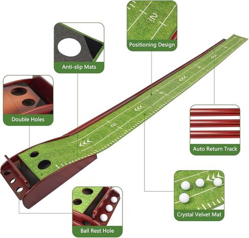 Sesslife Putting Mat for Indoor & Outdoor, Putting Green, 8 FT Golf Putting Mat with 2 Holes and 4 Balls, Auto Ball Return System, Wooden Base and Crystal Velvet Anti-Slip Mat, Gift for Golfers in Saudi Arabia