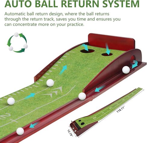 Sesslife Putting Mat for Indoor & Outdoor, Putting Green, 8 FT Golf Putting Mat with 2 Holes and 4 Balls, Auto Ball Return System, Wooden Base and Crystal Velvet Anti-Slip Mat, Gift for Golfers in Saudi Arabia