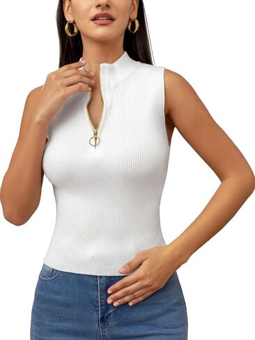 سترة Lanliun العصرية للسيدات ذات سحاب متماسكة وقمصان قصيرة ذات مقاس نحيف بدون أكمام in Kuwait