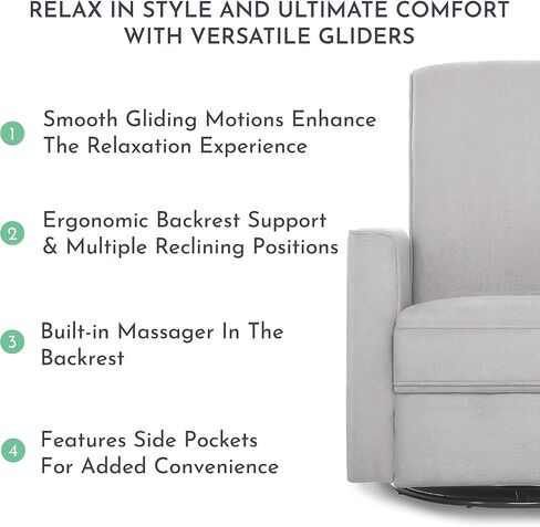 طائرة شراعية دوارة منجدة من Evolur Raleigh، كرسي هزاز، كرسي باللون الرمادي الفاتح، طائرة شراعية حديثة للحضانة مع مدلك مدمج، مجموعة خالية من الأدوات، سهلة التنظيف، طائرة شراعية صديقة للبيئة in Kuwait