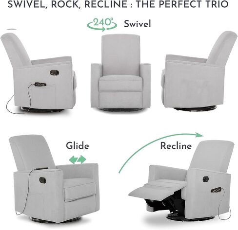 طائرة شراعية دوارة منجدة من Evolur Raleigh، كرسي هزاز، كرسي باللون الرمادي الفاتح، طائرة شراعية حديثة للحضانة مع مدلك مدمج، مجموعة خالية من الأدوات، سهلة التنظيف، طائرة شراعية صديقة للبيئة in Kuwait