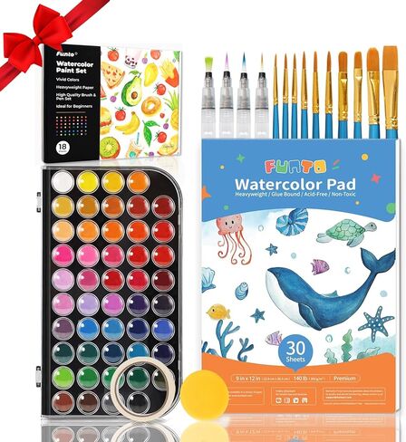 Funto Watercolor Paint Set, 48 Colors, Tutorial Pad, 8 Brushes, Water Brush Pen, Pencil, Fineliner, Eraser, Tape, Pencil Sharpener, Spray Bottle, Painting Set for Adults, Beginners, Professional in Saudi Arabia