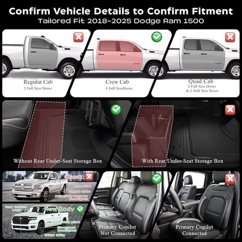 Floor Mats Custom Fit for 2019-2025 Dodge Ram 1500, TPE All-Weather Floor Liners Full Set with 1st & 2nd Rows, Fit Bucket or Bench Seats (Crew Cab 2019-2026 New Body, Full Set(Without Storage)) in Saudi Arabia