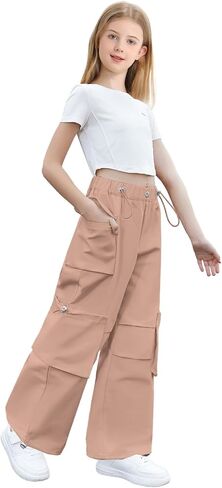SANGTREE Girls' Vintage Multi-Pocket Cargo Pants Solid Color Streetwear, 3-14 Years in Kuwait
