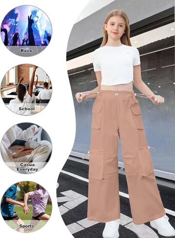 SANGTREE Girls' Vintage Multi-Pocket Cargo Pants Solid Color Streetwear, 3-14 Years in Kuwait