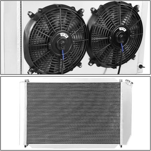 Auto Dynasty Aluminum Radiator Fan Shroud Assembly Compatible with 1978-1993 Mustang Thunderbird Granada LTD Fairmont Continental Mark VII Capri Cougar Grand Marquis Zephyr, 3-Row Aluminum Radiator in Saudi Arabia