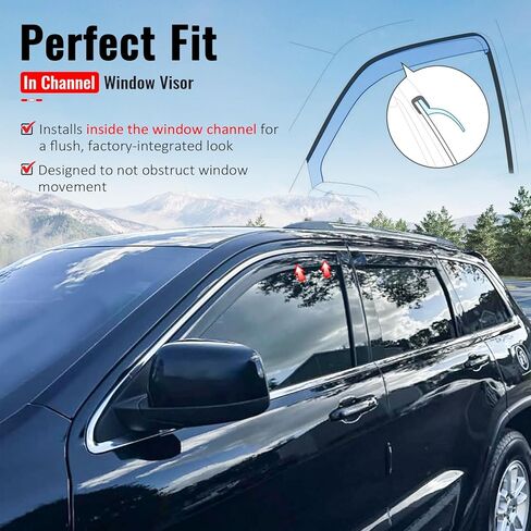 IKON MOTORSPORTS في أقنعة نافذة القناة المتوافقة مع 2011-2021 Jeep Grand Cherokee & 2022 Grand Cherokee WK، في نمط القناة حقن PC واقيات المطر السوداء، عاكسات الرياح الجانبية للنافذة 4 قطع in Saudi Arabia