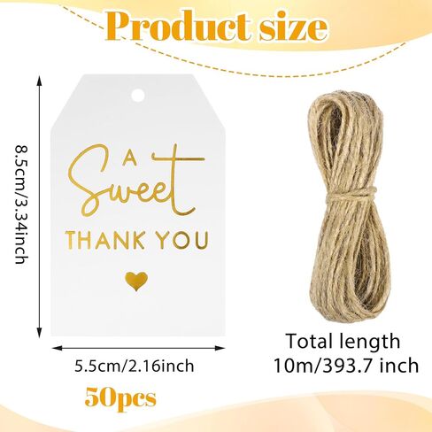 50 Pcs Thank You Tags with String 2.16 x 3.34 Inches Gold A Sweet Thank You Tags White Gift Tag with String Paper Tag for Wedding Birthday Gift Wrap Bridal in Kuwait