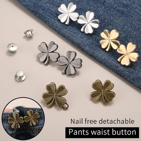 1 Pair Adjustable Four-Leaf Clover Jeans Buttons, No Need to Sew Detachable Button Pins Perfect Fit Detachable Instant Button (Gun Color) in Saudi Arabia