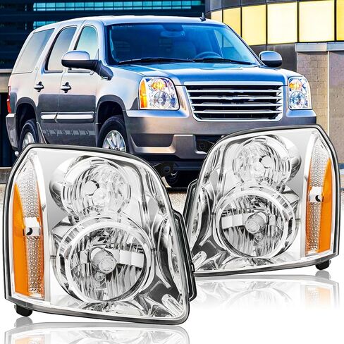 مجموعة المصابيح الأمامية طراز Denali لعام 2007 2008 2009 2010 2011 2012 2013 2014 GMC Yukon/Yukon XL 1500 مجموعة المصابيح الأمامية الهالوجين، عاكس كهرماني مبيت من الكروم in Saudi Arabia